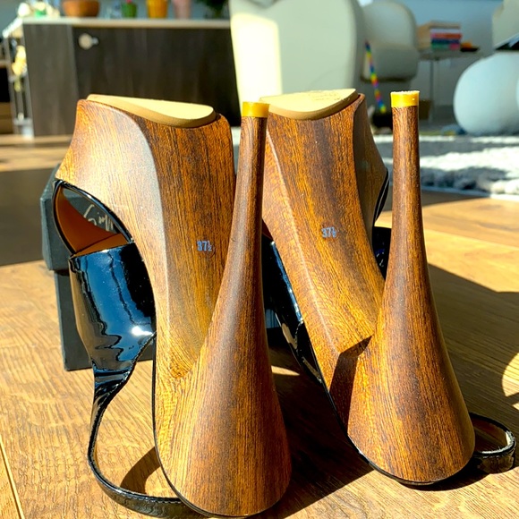 Giuseppe Zanotti Sling Back Vernice Black Patent Leather Wood Sandal Size 37.5 - Picture 11 of 11